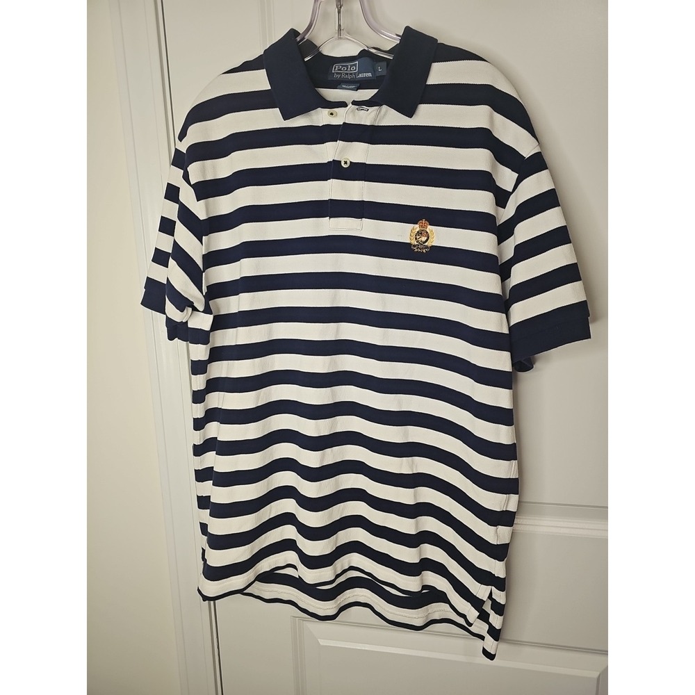 VTG 90s Polo Ralph‎ Lauren Striped Shirt Mens  Navy White Crest Embroidered Sz L